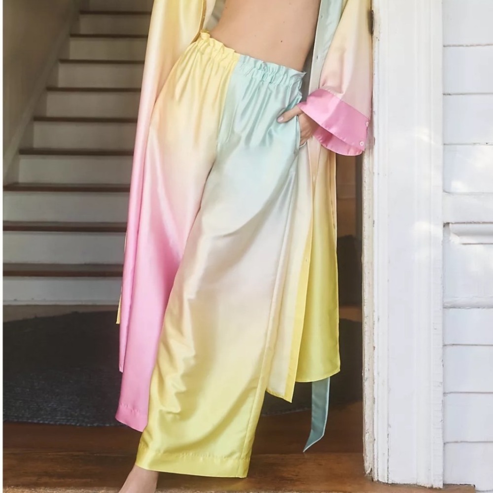 Anthropologie Ombre Satin Wide Leg Pants Pastel Colorblock Paperbag Waist M